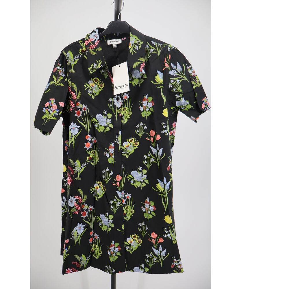 &Merci Shirt Dress Women's Black Floral Botanical Mini Short Sleeve Size M - Picture 2 of 4